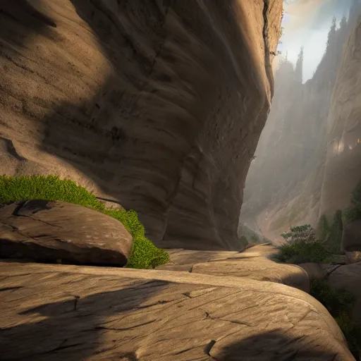 Prompt: pathway canyon in between mountains, mist, dark, unreal engine, high detail, realism, award winning, detailed lighting