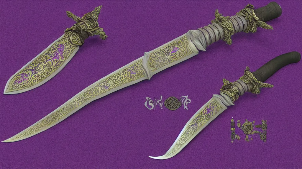 Prompt: medieval broad sword, purple aura, purple inscription, intrinsic design, hyper detailed, 4 k, 8 k