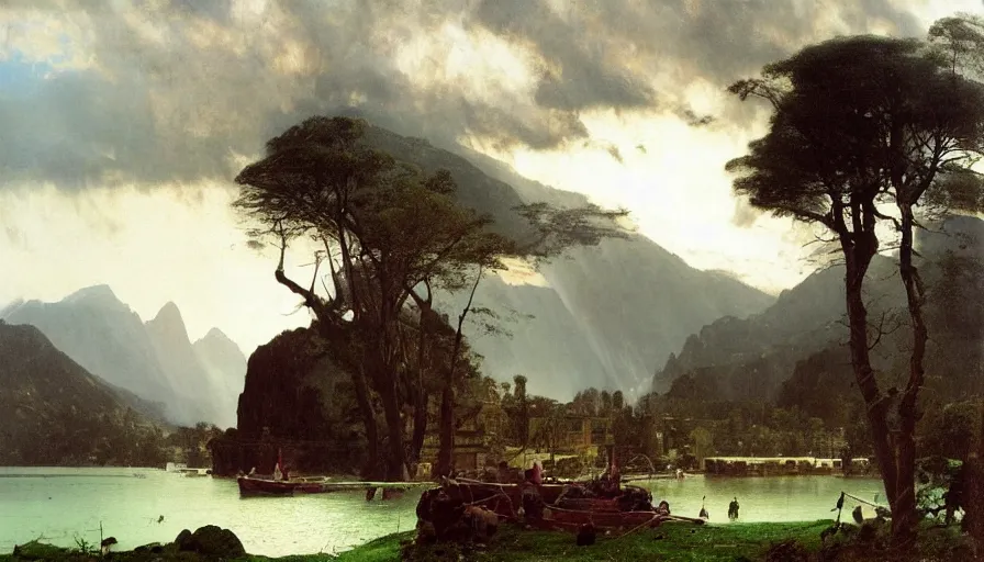 Prompt: a small village by a lake, waterfalls, boats on pebbly beach, rocky mountains topped by dark clouds, by john berkey, albert bierstadt, ruan jia, lawrence alma tadema, zdzislaw beksinski, carl spitzweg, everett raymond kinstler, norman rockwell, jack kirby, tom lovell, greg staples