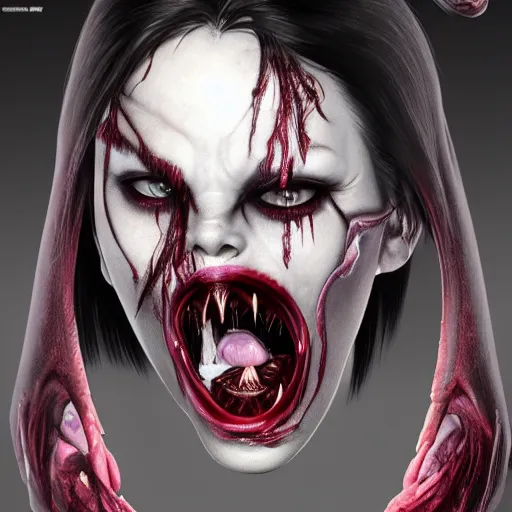 Prompt: Mileena with her gruesome mouth, realistic render by gammell + giger + artgerm