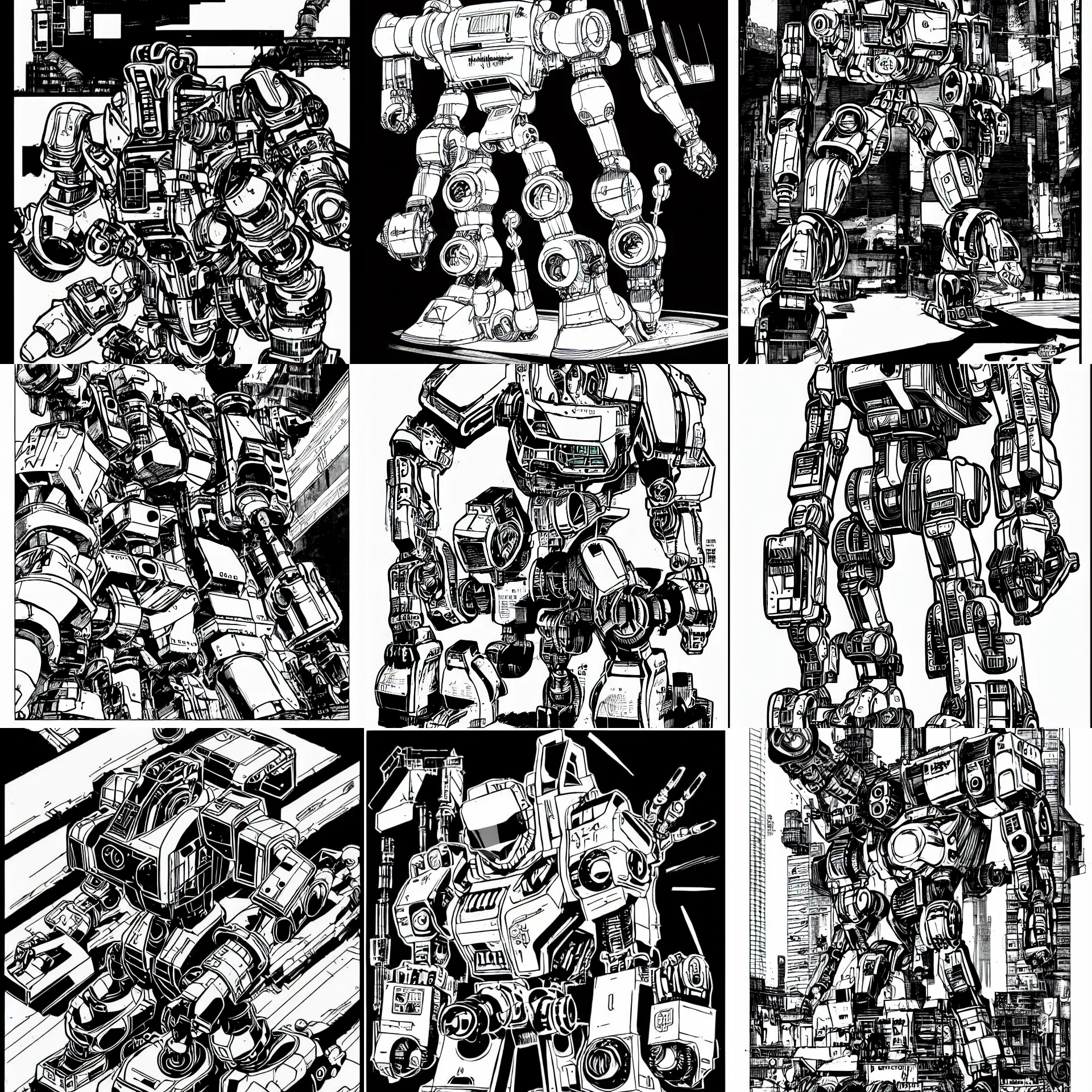 Prompt: industrial mecha robot, a page from cyberpunk 2 0 2 0, style of paolo parente, style of mike jackson, 1 9 9 0 s comic book style, white background, ink drawing, black and white