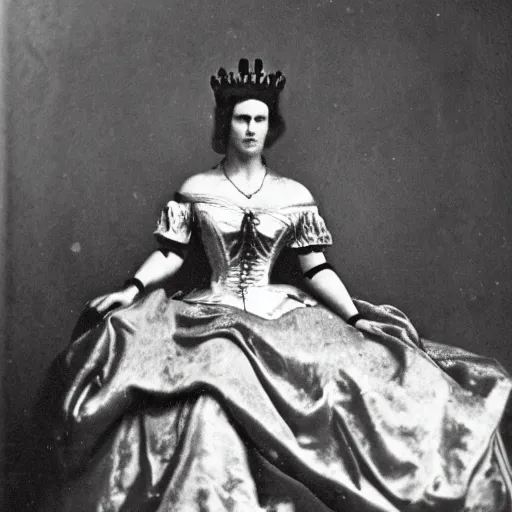 Image similar to a potrait of queen of europe in the middle of bloody battlefield, taken in 1 8 7 0, black and white, kodak