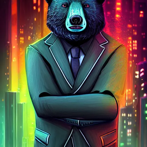 Image similar to a black bear wearing a suit and tie with a cigarette in his mouth, cyberpunk art by Cyril Rolando, featured on deviantart, furry art, furaffinity, smokey background, digital painting