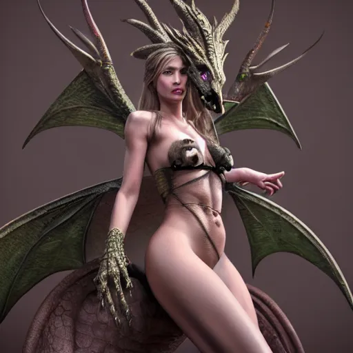 Prompt: hyperrealistic mixed media painting of a beautiful grinning charasmatic female rogue dragon hunter, dimly lit cozy tavern, torn dragon skin bikini, confident sensual pose, d&d, stunning 3d render inspired by h.r. giger + perfect facial symmetry + dim volumetric lighting, 8k octane beautifully detailed render, post-processing, extremely hyperdetailed, intricate, epic composition, grim yet sparkling atmosphere, cinematic lighting + masterpiece, trending on artstation, very very detailed, masterpiece, stunning