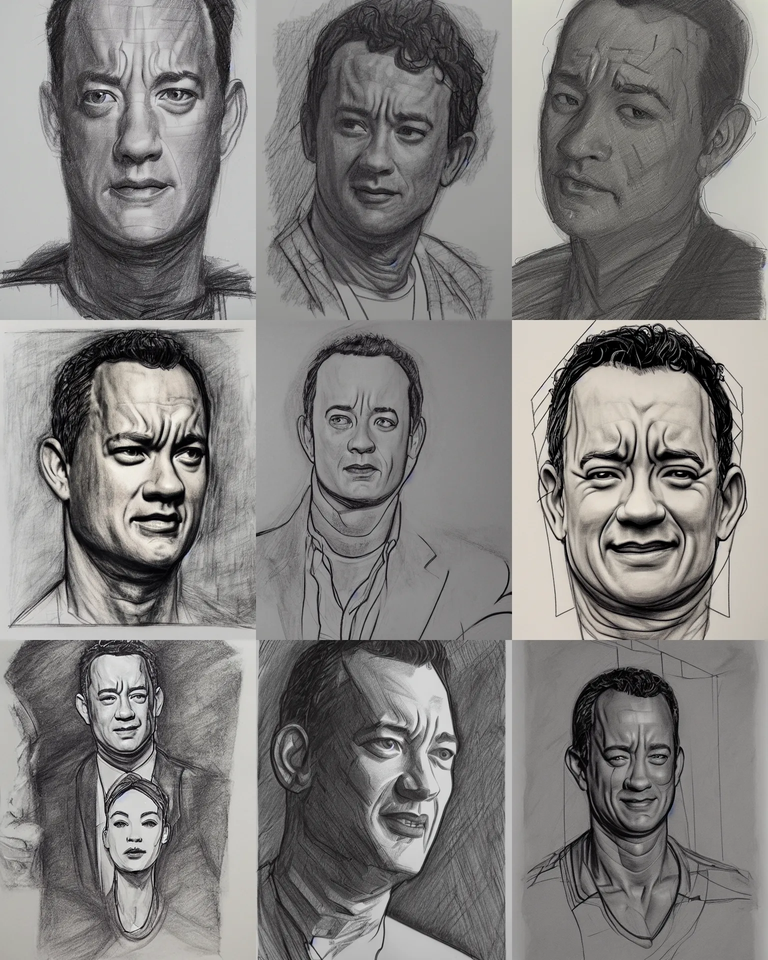 Prompt: linework construction lines preliminary vine charcoal underdrawing of tom hanks, by burne hogarth