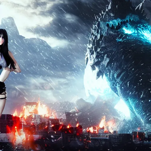 Prompt: a giant tifa from final fantasy 7 remake destroying a city like godzilla while smiling, digital art, octane render, award winning, very detailed, full body portrait, 3d render, detailed facial expressions, destroyed city, destruction, fire, video game art, no text