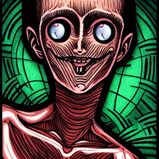 Image similar to a dark brown humanoid, hyper detailed, in the style of junji ito and and junji ito and junji ito, selfie