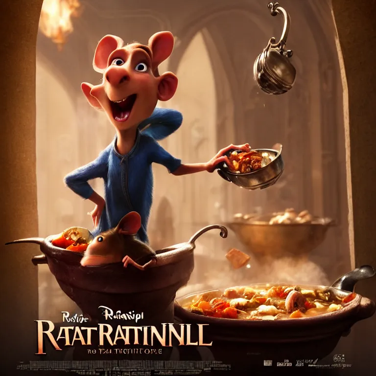 Prompt: beautiful cinematic fantasy poster the rat from ratatouille dramatically tossing food into a copper pot of soup, wideshot ultrawide angle epic scale, hybrid from The Elden Ring and art direction by Darius Zawadzki ;by artgerm; wayne reynolds art station; cinematic quality character render; low angle; ultra high quality model; production quality cinema model;