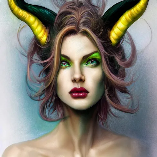 Image similar to A Beautiful Professional Model with Green hair and Yellow eyes and demon horns, fashionable clothes, detailed, looking seductively at the camera, centered, digital painting, artstation, concept art, donato giancola, Joseph Christian Leyendecker, WLOP, Boris Vallejo, Breathtaking, 8k resolution, extremely detailed, beautiful, establishing shot, artistic, hyperrealistic, beautiful face, octane render, cinematic lighting, dramatic lighting, masterpiece