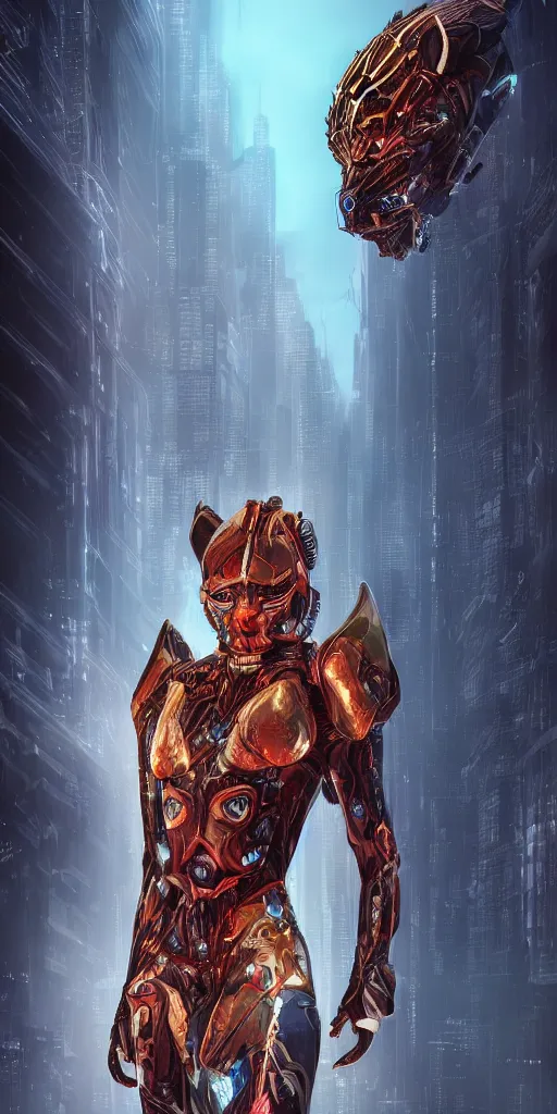 Image similar to A hyperrealistic sci-fi fantasy liger human hybrid, bold colors, dynamic lighting, dark atmosphere, character art, concept art, very detailed and high quality cyberpunk style digital art