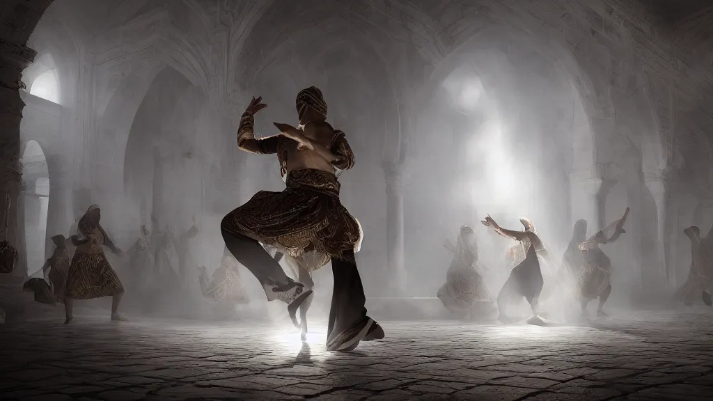 Image similar to tyrkisk sufi dance, sufi, arabic words, bysintine, gothic, 4 k, smokey, michael whelan, peter mohrbache, giovanni paolo panini style epic, volumetric light, insanely detailed, unreal engine render, artstation trends, hyper detail, epic art style, cinematic, concept art, soft white gold lights