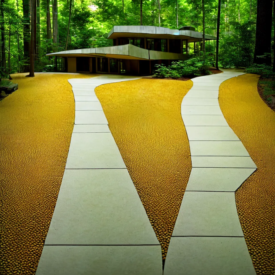 Image similar to a gravel pathway leading to a mid-century modern house in a forest, designed by Frank Gehry. Big tiles. Film grain, cinematic, yellow hue