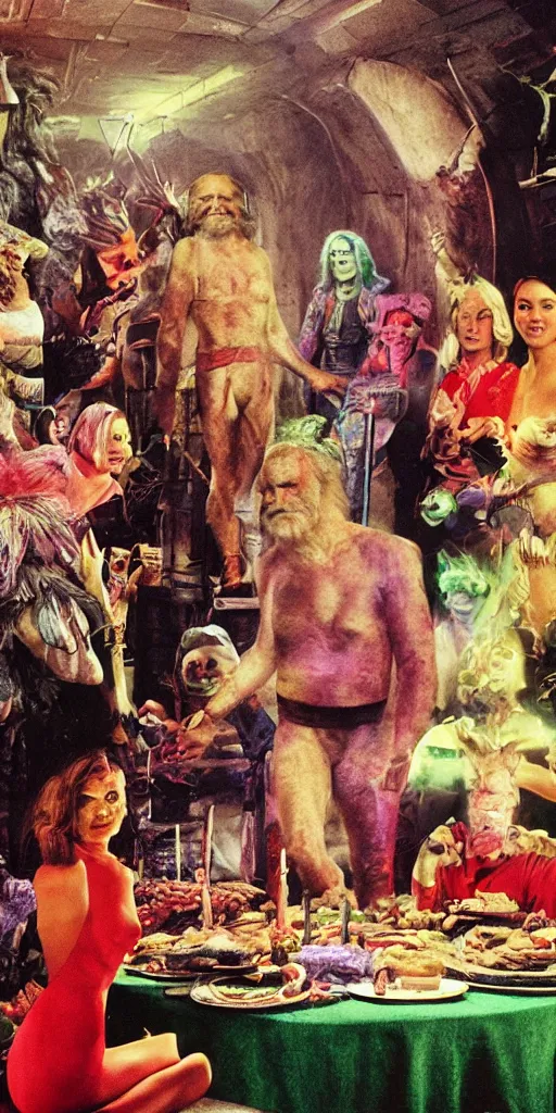 Prompt: an 8 k magazine editorial photo shoot color hdr picture of zardoz accessing second level during his 9 6 6 th birthday party along with female friends. everything is of the second level including plates of green bread and hams on the isle of kun lao