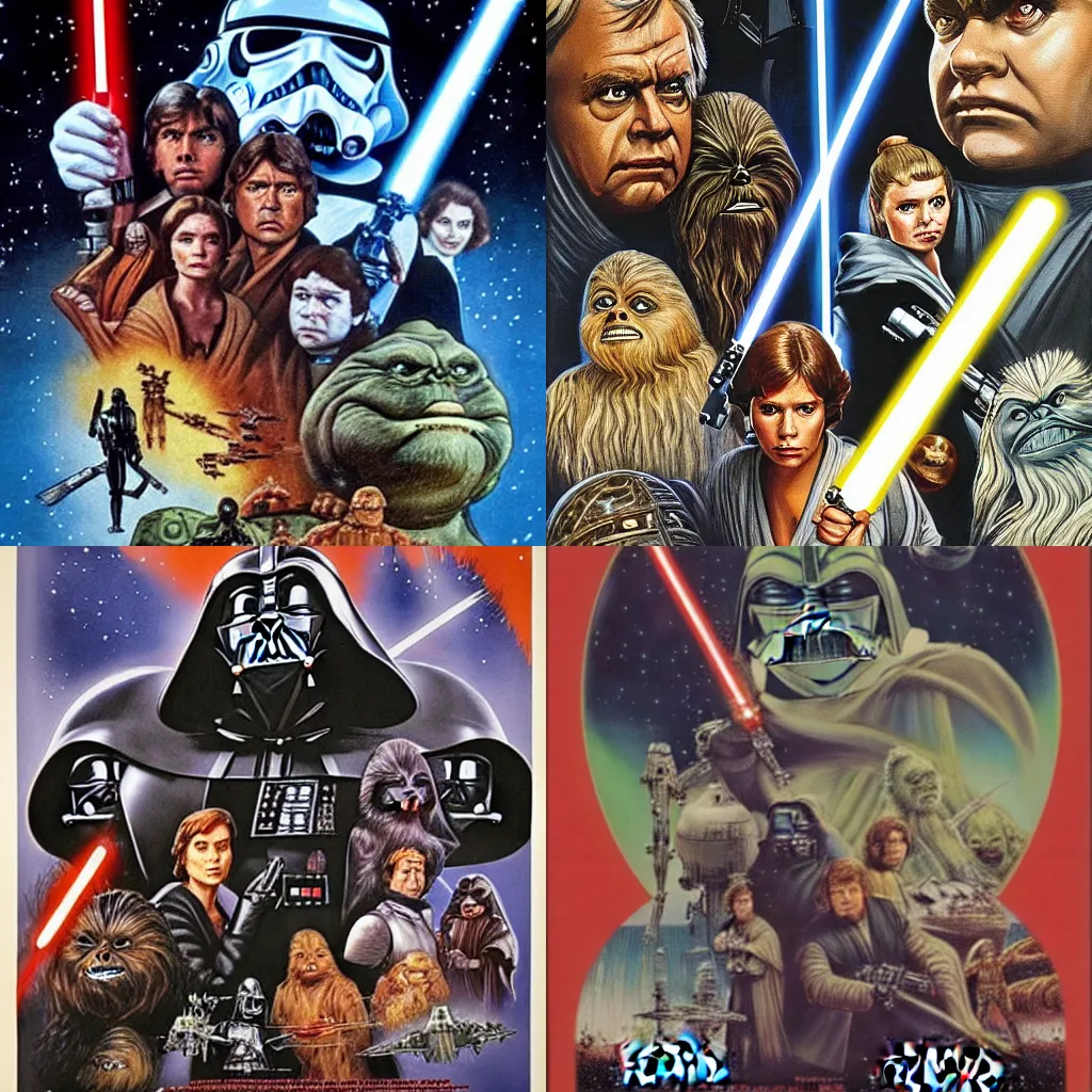 Prompt: copy of the Star Wars Return of the Jedi (1983) film poster but all the characters are replaced by Jabba the Hutt. Highly detailed.