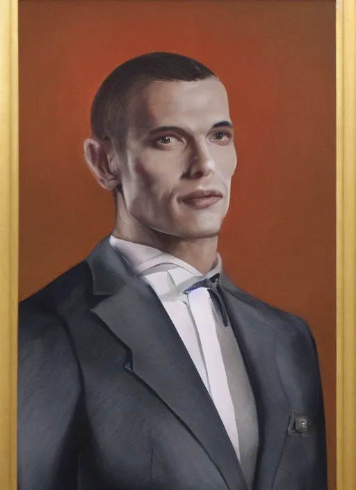 Prompt: a hyper realistic portrait of a handsome male alien in a suit