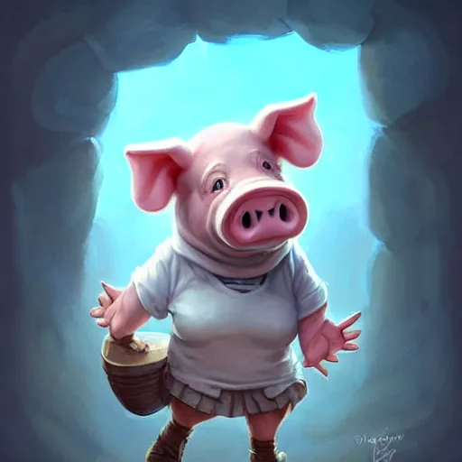 Image similar to cute little anthropomorphic funny female pig wearing shorts, a hat, boots and a pale blue shirt!! tiny!! fully clothed!!! small, short, cute and adorable, character art portrait, matte fantasy painting, deviantart artstation, by jason felix by steve argyle by tyler jacobson by peter mohrbacher, cinema