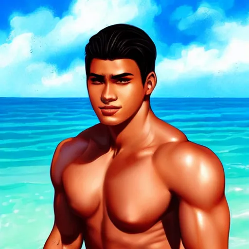 Image similar to A Buff Young Latino Male Lifeguard at the Beach, short black hair, brown eyes, slight smile, art by Artgerm, artstation