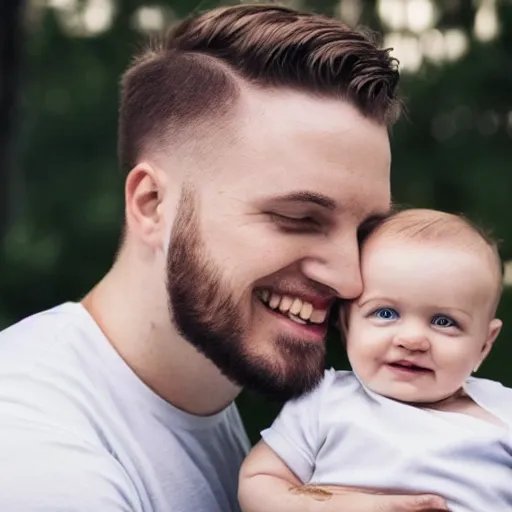 Prompt: a photo of a white man with a mid fade haircut that is happy with his 3 month year old baby boy.