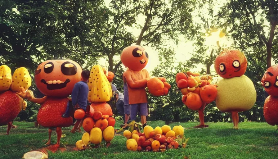 Prompt: 1990s candid photo of a beautiful day at the park, cinematic lighting, cinematic look, golden hour, large personified costumed fruit people in the background, Enormous fruit people mascots with friendly faces, kids talking to fruit people, UHD