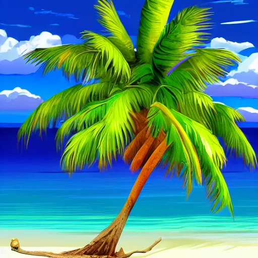 Image similar to lone palm tree on a lonely island in the sea, concept art, illustrated, highly detailed, high quality, bright colors, optimistic,