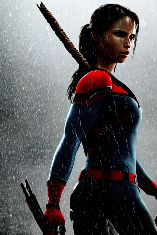 Image similar to cinematic of lara croft as spiderman with thorn mask, dramatic rain, 8 k, moody lighting