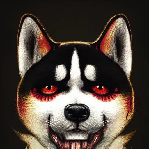 Image similar to color head portrait of shiba inu as a zombie, 7 days to die zombie, gritty background, fine art, award winning, intricate, elegant, sharp focus, cinematic lighting, digital painting, 8 k concept art, art by michael hussar, art by brom, art by guweiz and z. w. gu, 8 k