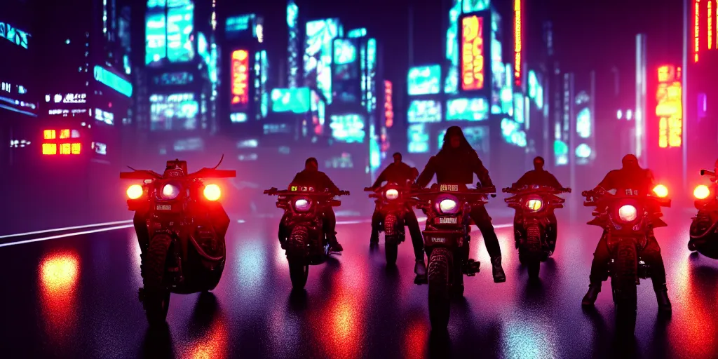 Prompt: concept art of a cyberpunk bike gang moving towards the camera on wet cyberpunk city streets at night cyberart in the style of liam wong in the film akira rendered in octane, 3 d render, trending on cgsociety, blender 3 d, displacement mapped, 8 k