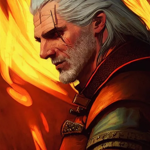 Image similar to geralt the witcher 3 sitting in the burning smoking fire at night beautiful warmth hot d & d fantasy intricate elegant highly detailed digital painting artstation concept art matte sharp focus illustration hearthstone art by artgerm art by greg rutkowski art by alphonse mucha