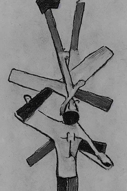 Image similar to steamboat willie crucified on a cross, drawn by Walt Disney