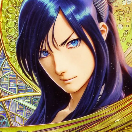 Image similar to highly detailed vfx portrait of nico robin by eiichiro oda!, makoto shinkai, alphonse mucha, sharp focus, art by artgerm and greg rutkowski!, harsh overhead sunlight, blue eyes!!, large aquiline nose!!, stanley kybric, kaoru mori, intricately detailed,