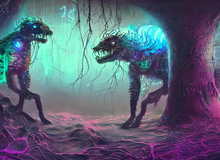 Image similar to detailed full body concept art illustrated colorful bioluminescence pastel painting of a nightmare Chernobyl mutated animal in full intricate detail, ultra detailed, digital art, octane render, 4K, dystopian, micro details