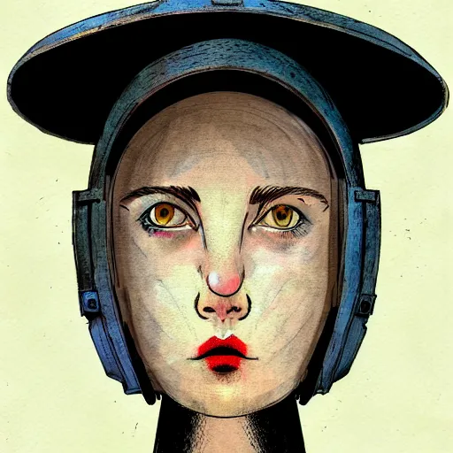 Image similar to portrait of girl wearing a helmet, in the style of enki bilal and dave mckean, isolated on white
