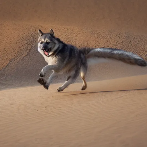 Image similar to award winning wildlife photography, a Swedish vallhund, high midair shot, running towards the camera, straight shot, high shutter speed, dust and sand in the air, wildlife photography by Paul Nicklen, shot by Joel Sartore, Skye Meaker, national geographic, perfect lighting, blurry background, bokeh