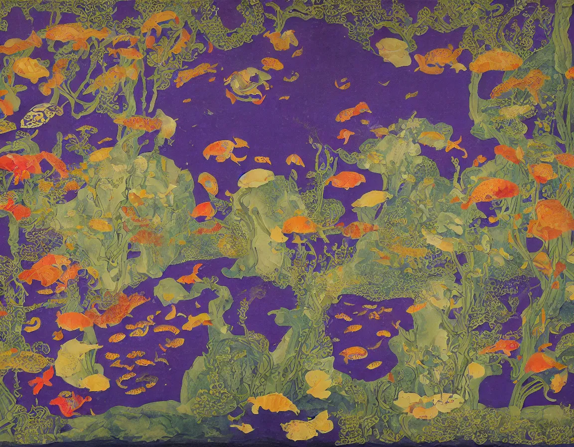 Image similar to vase of mushroom in the sky and under the sea decorated with a dense field of stylized scrolls that have opaque purple outlines, with koi fishes, ambrosius benson, kerry james marshall, afrofuturism, oil on canvas, history painting, hyperrealism, light color, no hard shadow, around the edges there are no objects