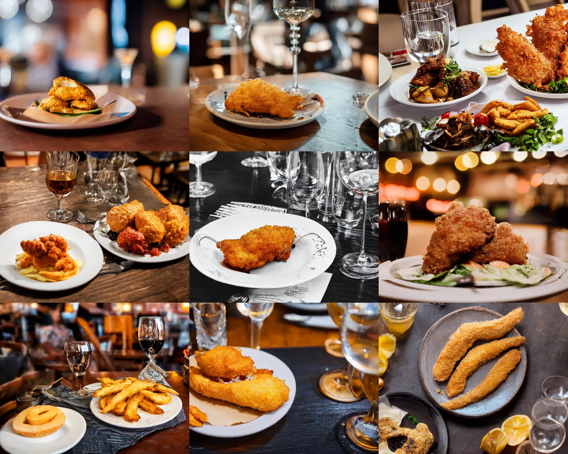 Prompt: 8 5 mm food photography of a fried shoe at a restaurant with dof and bokeh and wine glasses out of focus in the background. highly detailed 8 k. intricate. lifelike. soft diffused light. nikon d 8 5 0.