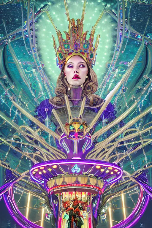 Image similar to ethereal cybernetic empress tsarina wearing futuristic sentient alien carousel crown in the fantasy amusement carnival, extremely detailed, sharp focus, wide view, full body shot, smooth, digital illustration, by dan mumford. james jean, by rossdraws, frank franzzeta, sakimichan