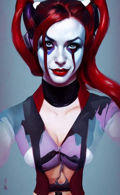 Prompt: Harley Quinn, highly detailed, digital painting, artstation, standing, facing camera, concept art, smooth, sharp focus, illustration, art by artgerm and alphonse mucha, high definition digital art, dramatic lighting, in the style of ilya kuvshinov and Ross tran