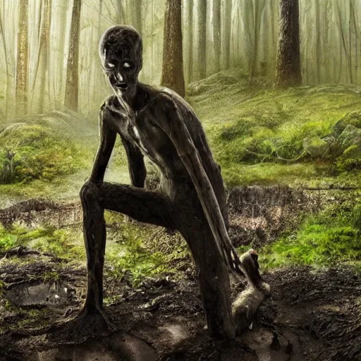 Image similar to Enigmatic Slender Man with Mud and Moss over his skin and plants growing on him is kneeling in a dirty pond, Photorealistic, Sunlight, Creepy, Nature, Hyperrealism, Hyperdetailed