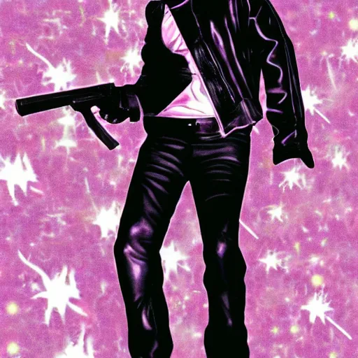 Image similar to Michael Jackson with a gun at a vaporwave themed place