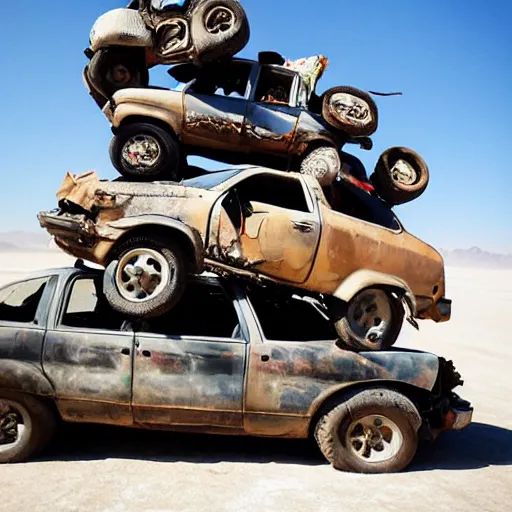 Prompt: a tall stack of wrecked automobiles at the burning man festival with people climbing on them