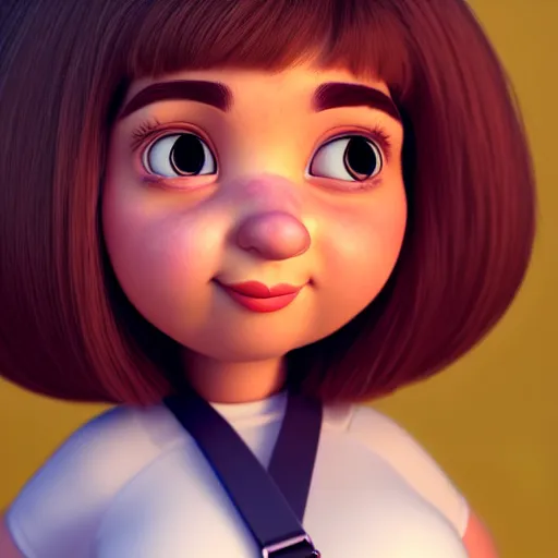 Image similar to A portrait of a chubby woman, a cute 3d cgi toon woman with brown hair in a Bob, brown eyes, full face, olive skin, romanian heritage, cute outfit, medium shot, mid-shot, hyperdetailed, 8k, trending on artstation, as a Pixar character