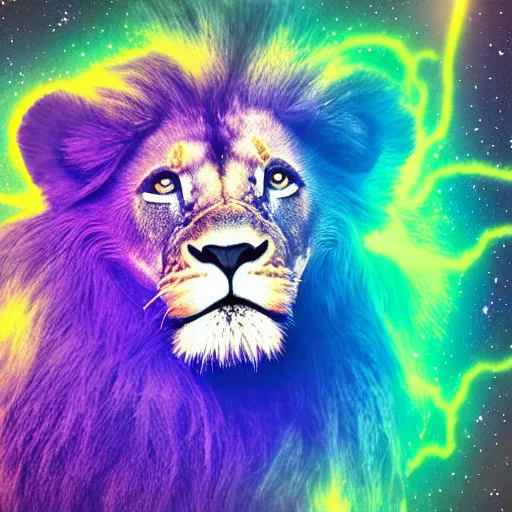 Image similar to an electric purple lion in space