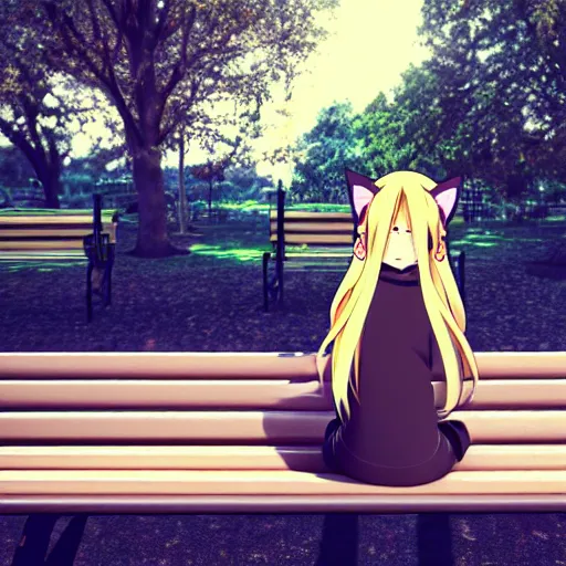 Prompt: 3 d photo of an anime girl with cat ears and long blond hair looking to her side sitting on a bench with a park behind her bokeh shader anime