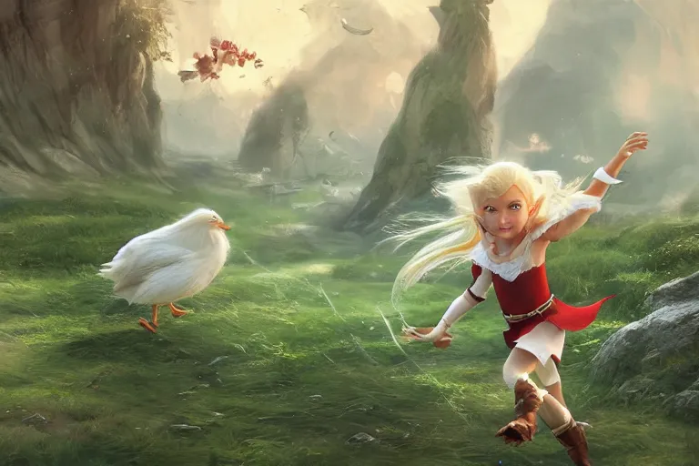 Prompt: a blonde elf wearing a green tunic running away from a flock of white chickens , made by Stanley Artgerm Lau, WLOP, Rossdraws, ArtStation, CGSociety, concept art, cgsociety, octane render, trending on artstation, artstationHD, artstationHQ, unreal engine, 4k, 8k,