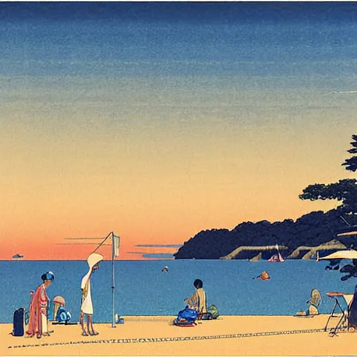 Prompt: Camping, beach, summer evening, Hasui Kawase