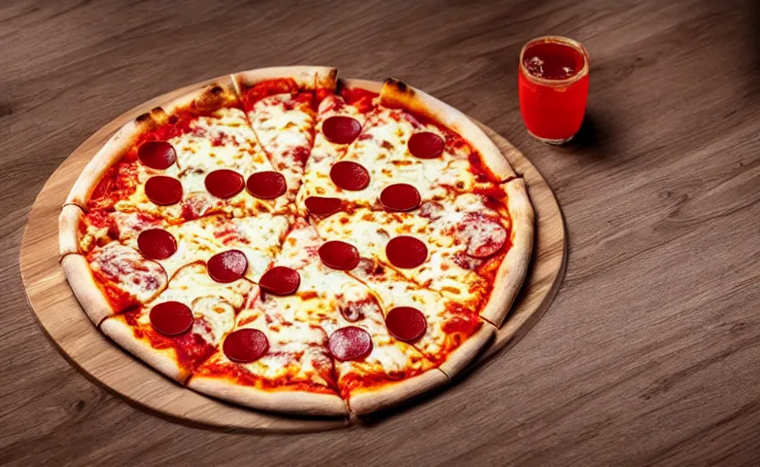 Image similar to a pizza on wooden table, natural light, cinematic lighting, 8 k