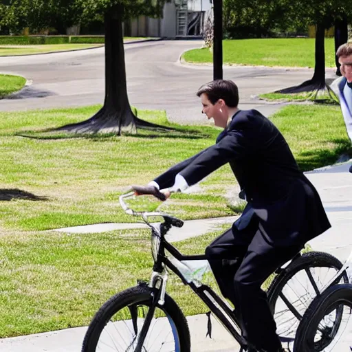 Image similar to two mormon missionaries, on bikes, with crow heads, black suits white shirts