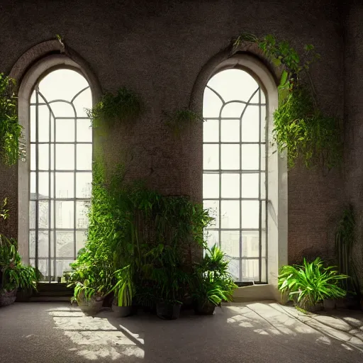 Image similar to modern interior with arched windows, natural sunlight, summer, hanging plants, cinematic, cyberpunk, lofi, calming, dramatic, fantasy, by zdzisław beksiński, Fantasy LUT, high contrast, epic composition, sci-fi, dreamlike, surreal, angelic, cinematic, 8k, unreal engine, hyper realistic, fantasy concept art,