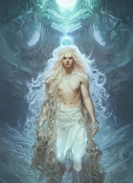 Image similar to cthonic resonance, red and white glowing fractals, genetically augmented pale white young man with long fluffy blond curly hair, fantasy, extremely detailed, digital painting, artstation, concept art, smooth, sharp focus, illustration, stunning lighting, art by artgerm and greg rutkowski and alphonse mucha and simon stalenhag, realistic character concept, high fantasy, dark atmosphere, golden ratio, cinematic lighting, hyperdetailed, high resolution, insanely detailed and intricate, artstation, Marc Simonetti, Greg Rutkowski, 8k