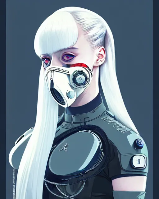 Image similar to white haired cyborg sophie turner wears octopus!!! shaped gas mask, fine detail!! anime!! realistic shaded lighting!! poster by ilya kuvshinov katsuhiro otomo ghost in the shell, rutkowski giger villeneuve artgerm garmash and rob rey